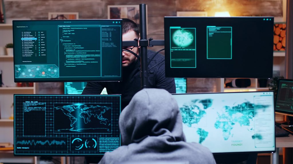 Team of hackers having a conversation about dark web