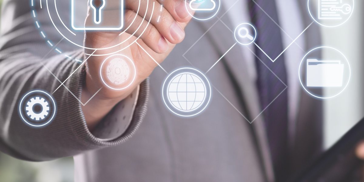 Vertical photo of cybersecurity and enterprise data protection with biometrics and encrypted files.